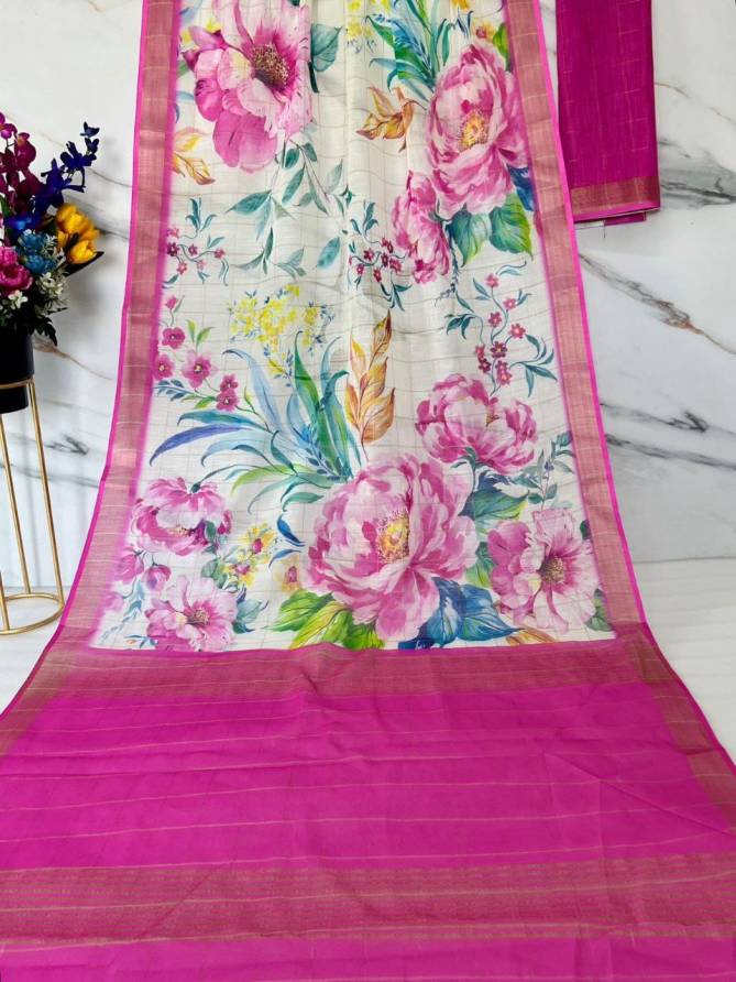 MG 379 Gold Jari Border With Weaving Linen Printed Sarees Wholesale Online